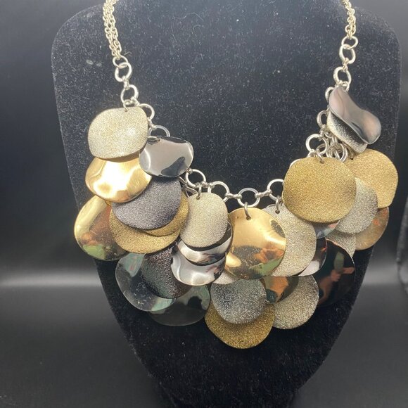 Statement Bib Necklace Gold Silver Gunmetal Disc Multi Tone Layer Dangle 18-20" - Picture 6 of 6